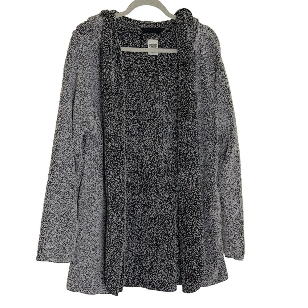 Victorias Secret Pink Fleece Jacket Hooded Open Front Gray OS